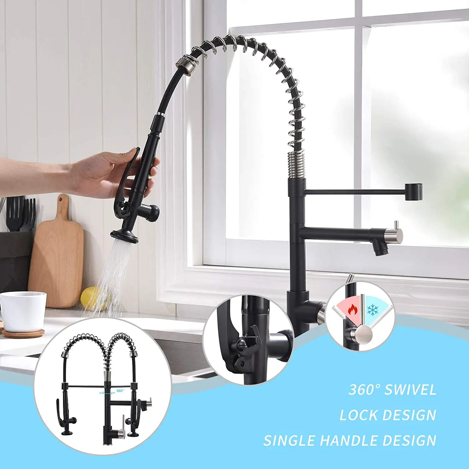 Commercial Modern Black Pull Down Double Outlet European Gourmet Kitchen Led Water Faucet With Plate