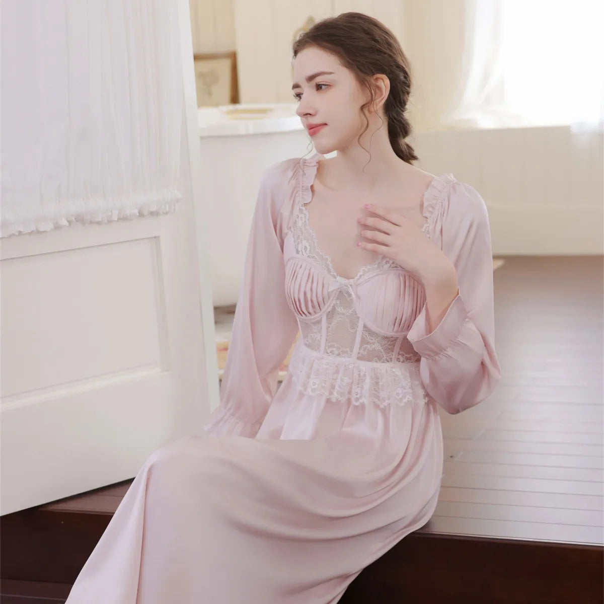 Elegant Nightgown with Soft Square Neck Long Sleeve Lace