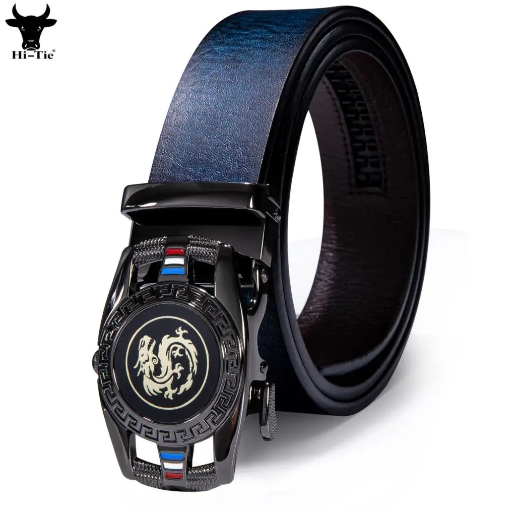 XXL Men's Automatic Dragon Hi-Tie Dark Blue Leather Belt