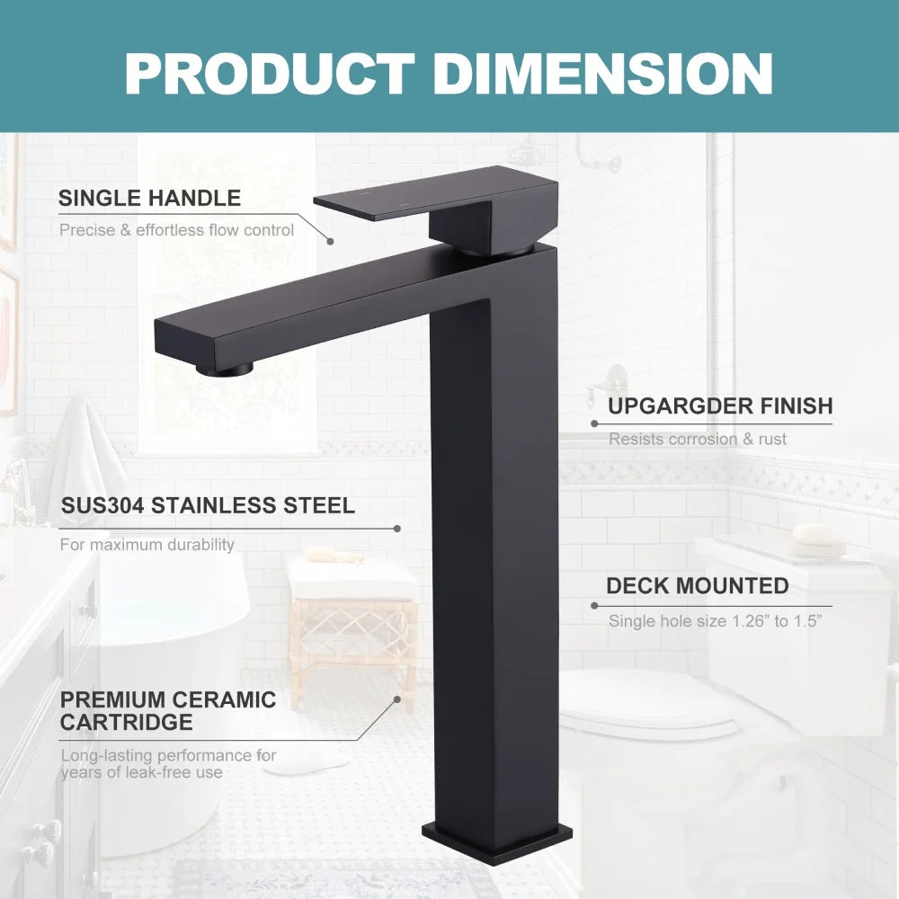 Modern Square 304 Stainless Steel Tall Bathroom Basin Faucet High Quality Ceramic Valve Core Single Hole Mounted Faucet