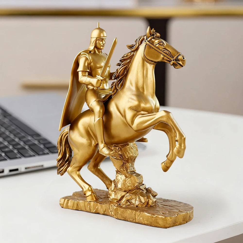 US Stock Golden Knight on Horseback Resin Statue, Medieval Warrior Home Decor - Daisan Mart