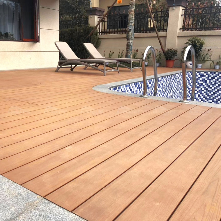 Composite wood plastic floor tiles are anti-slip, friendly to barefoot people, used outdoors for swimming pools 