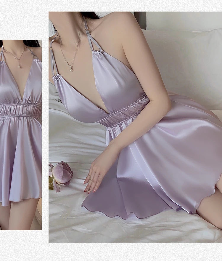 Plus Size Sexy Nightgown with Halter Neck Mesh Chest Pad