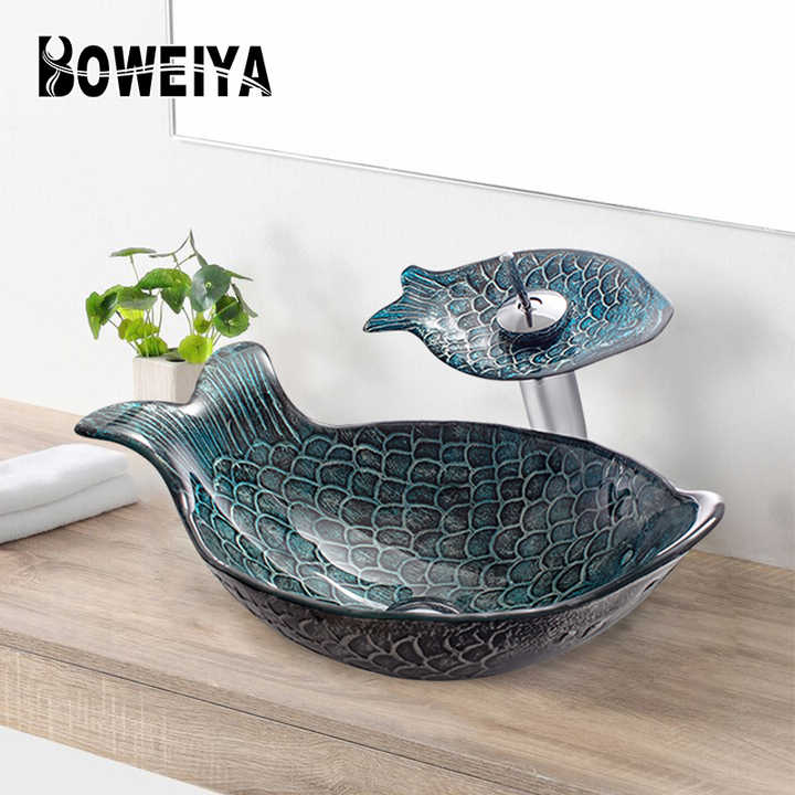 Accept Custom New Design Balcony Toile Glass Table Top Fish Shape Blue Bathroom Price Sanitary Ware Wash Hand Sink Sink