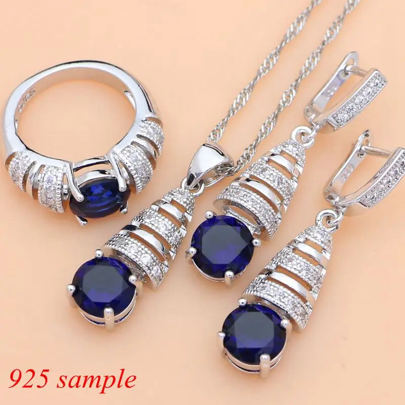925 Silver Jewelry Set Blue Sapphire &amp; White Topaz