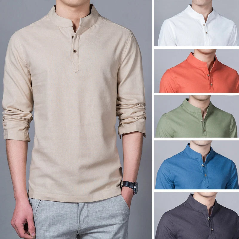 Men's Spring Long Sleeve Stand Collar Linen Fashion Shirt