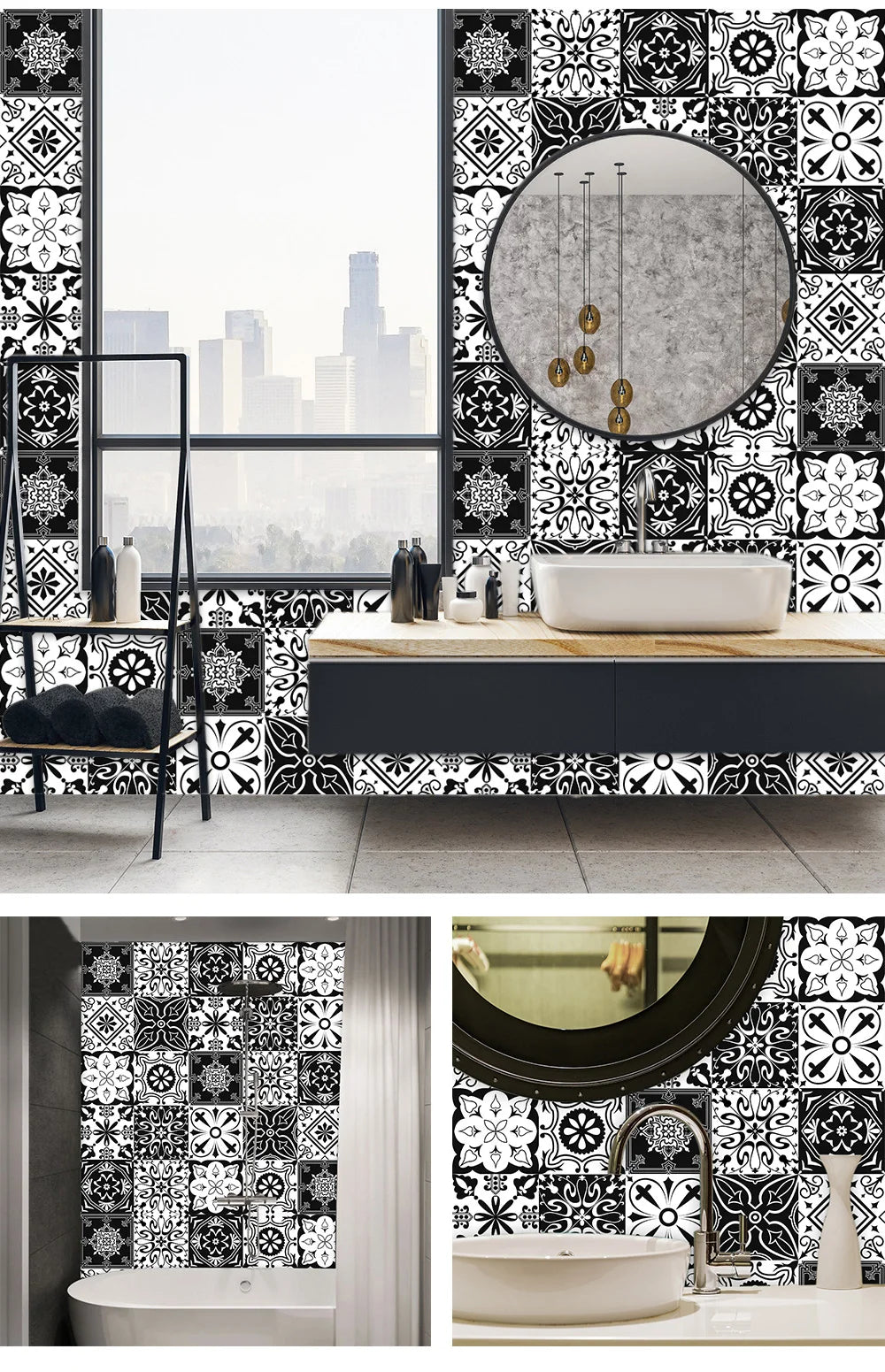 Black &amp; White Pattern Matte Surface Floor Sticker Adhesive Tile Decoration Film For Tiles /Ground in Kitchen Bathroom Non-slip