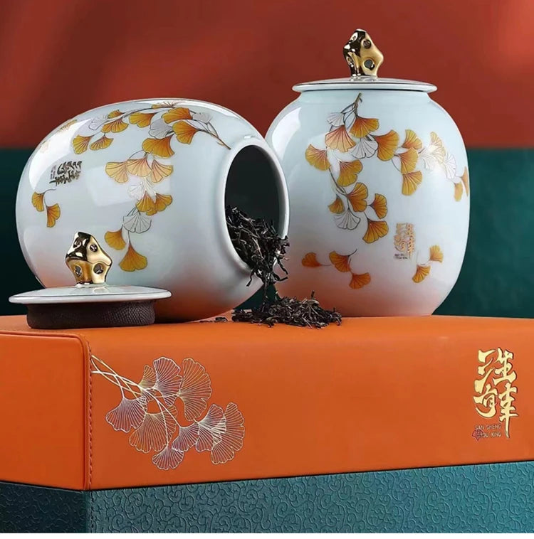 Ấm Trà Sứ Bắc Âu Nắp Vàng - Hũ Đựng Đa Năng