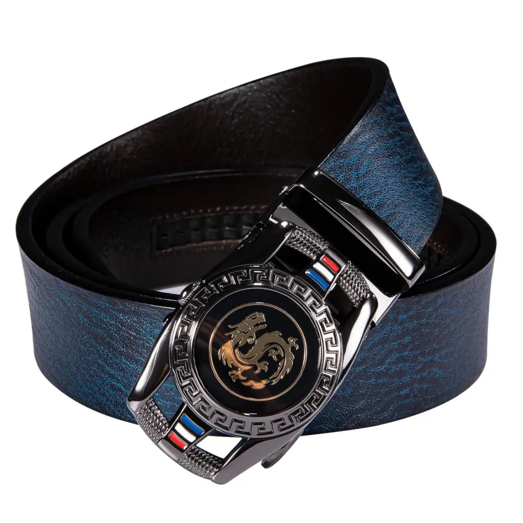 XXL Men's Automatic Dragon Hi-Tie Dark Blue Leather Belt