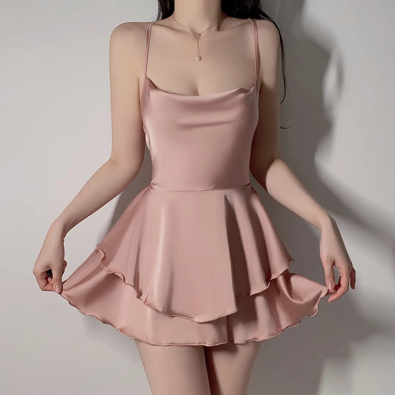 Sexy 2-Layer Silk Dress with Sexy Straps, Solid Color