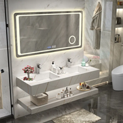 Modern bathroom wall mounted sintered marble integrated wash basin cabinet, double sink floating, vanity cabinet with mirror 