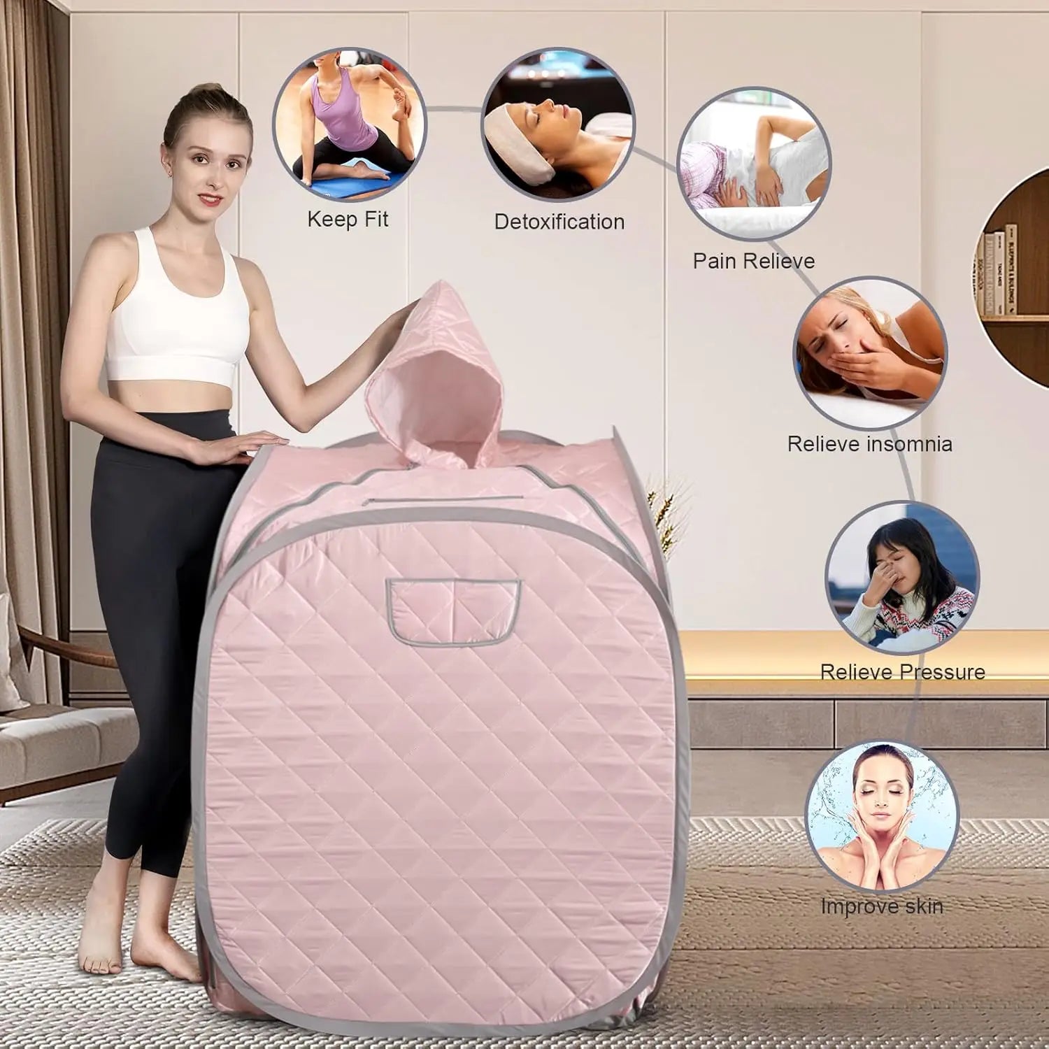 Smartmak Pink Full Body Portable Sauna Kit Includes 2L Steamer with Remote Control for Detox US Plug