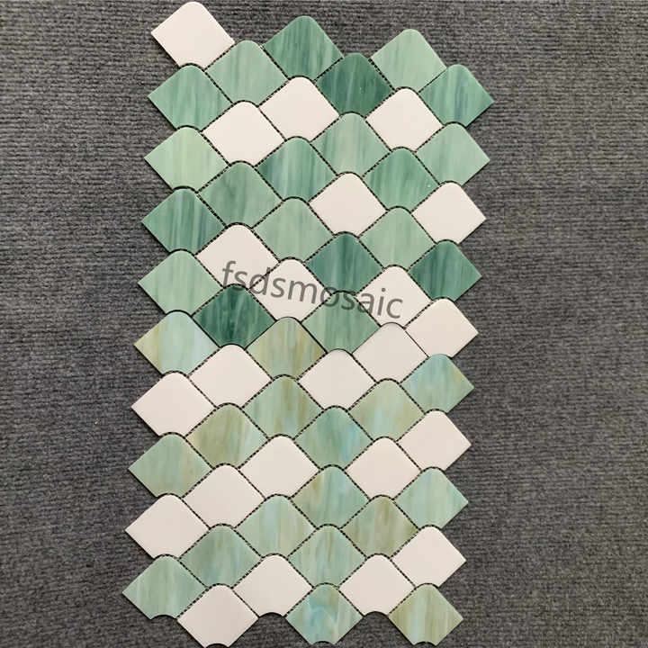 Modern glossy blue fish scale stained glass tiles interior wall decoration for living room hotel apartment polished 