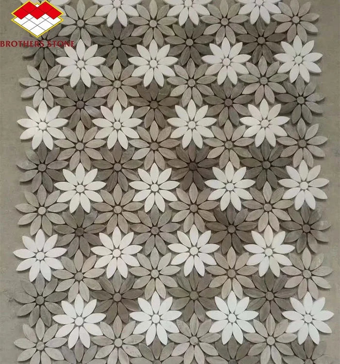 Modern Brown White Waterjet Flower Shape Marble Stone Mosaic Daisy Pattern Backsplash for Interior Wall Graphic Design Wall - Daisan Mart