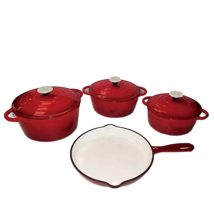 Traditional Red Enameled Cast Iron Kitchen Pot Set