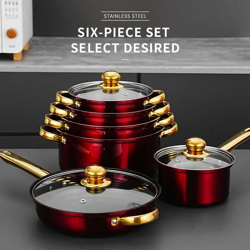 12-Piece Red Stainless Steel Non-Stick Kitchen Anti-Rust Pot Set