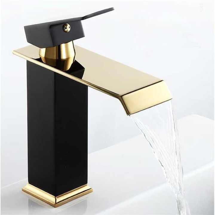 Modern Stainless Steel Sink Faucet, Single Spout, Black, Gold, Waterfall 