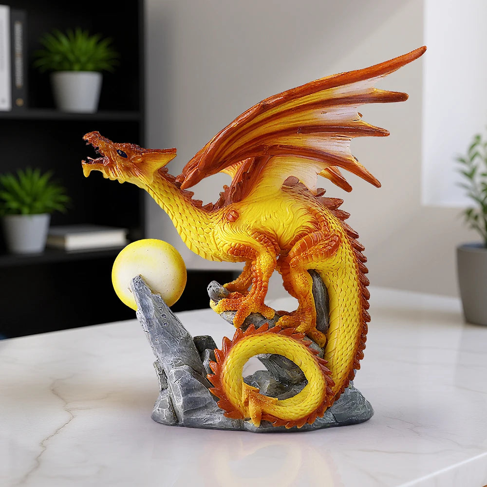 US Stock Fire Dragon with Flaming Ball Resin Figurine, Mythical Creature Home Decor - Daisan Mart