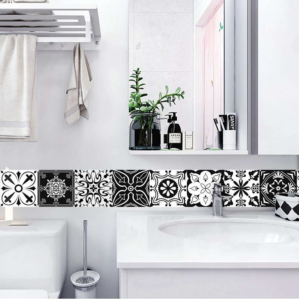 Black &amp; White Pattern Matte Surface Floor Sticker Adhesive Tile Decoration Film For Tiles /Ground in Kitchen Bathroom Non-slip