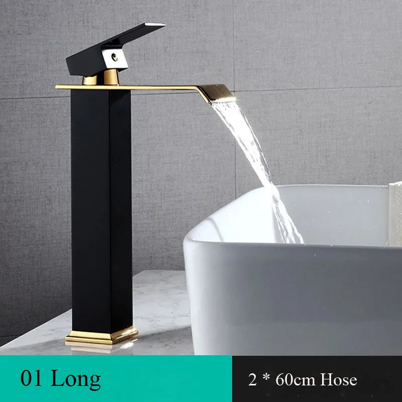 Basin Faucet Gold and Black Waterfall Faucet Brass Bathroom Wash Basin Mixer Tap Hot and Cold Water Vanity Vessel Sink Faucets - Daisan Mart