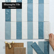 Nordic style hotel bathroom kitchen wall tiles, cafe restaurant mosaic tiles, long strip glazed blue mosaic tiles 