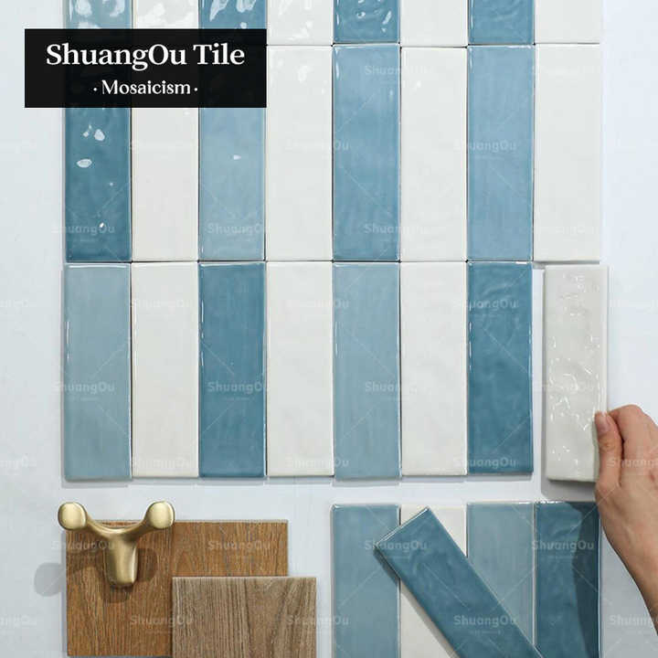 Nordic style hotel bathroom kitchen wall tiles, cafe restaurant mosaic tiles, long strip glazed blue mosaic tiles 