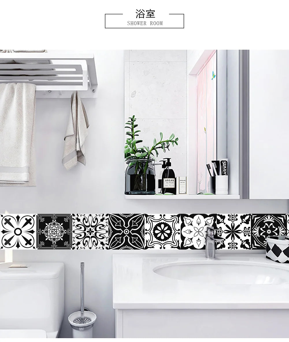 Black &amp; White Pattern Matte Surface Floor Sticker Adhesive Tile Decoration Film For Tiles /Ground in Kitchen Bathroom Non-slip