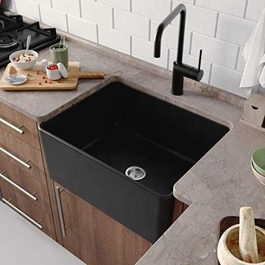 24"LX 18"W Clay Sink with Bottom Grate and Strainer, Apron Single Sink, Small Black Kitchen Sink 