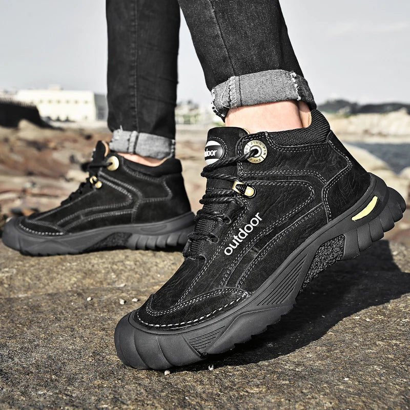 Luxury High-Top Black Leather Shoes for Men, Fashion 2024