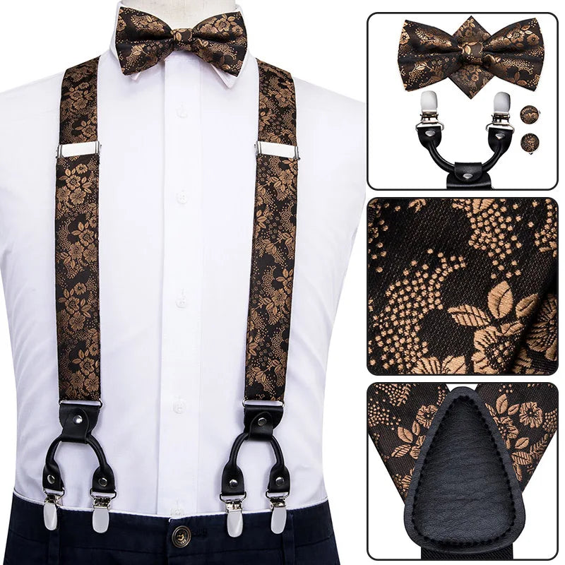 高品質男士紅色花朵絲綢皮革蝴蝶結及皮帶套裝，含6個夾子