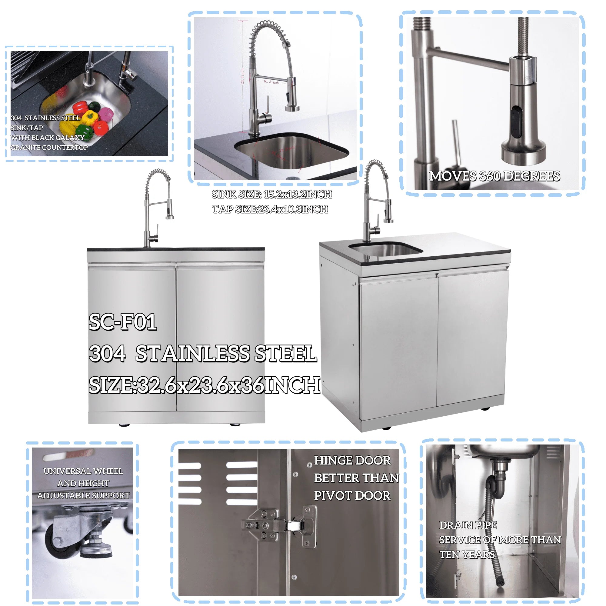 High-Quality 304 Stainless Steel Outdoor Kitchen Cabinet with Sink and Refrigerator