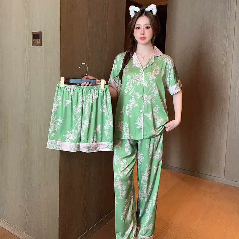 Elegant Spring Summer Faux Silk Pajamas Set