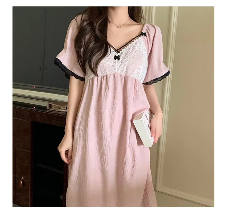 SAMWESTART cool cotton silk nightgown with lace bow and short sleeves