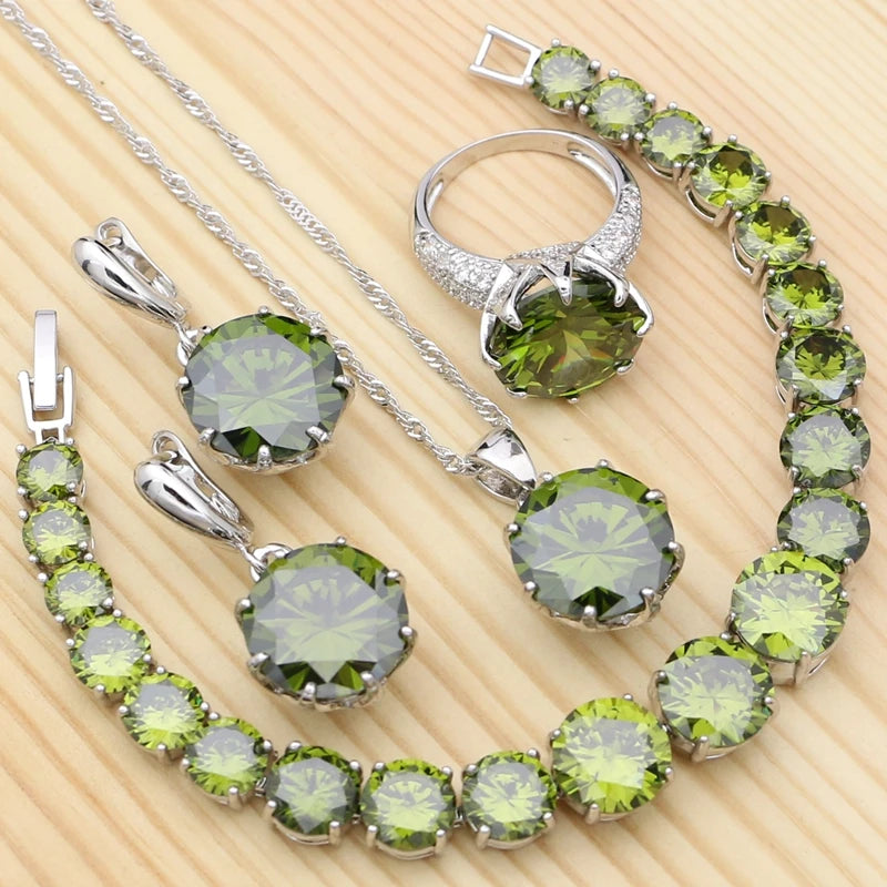925 Silver Jewelry Set with Olive Green Stone for Women