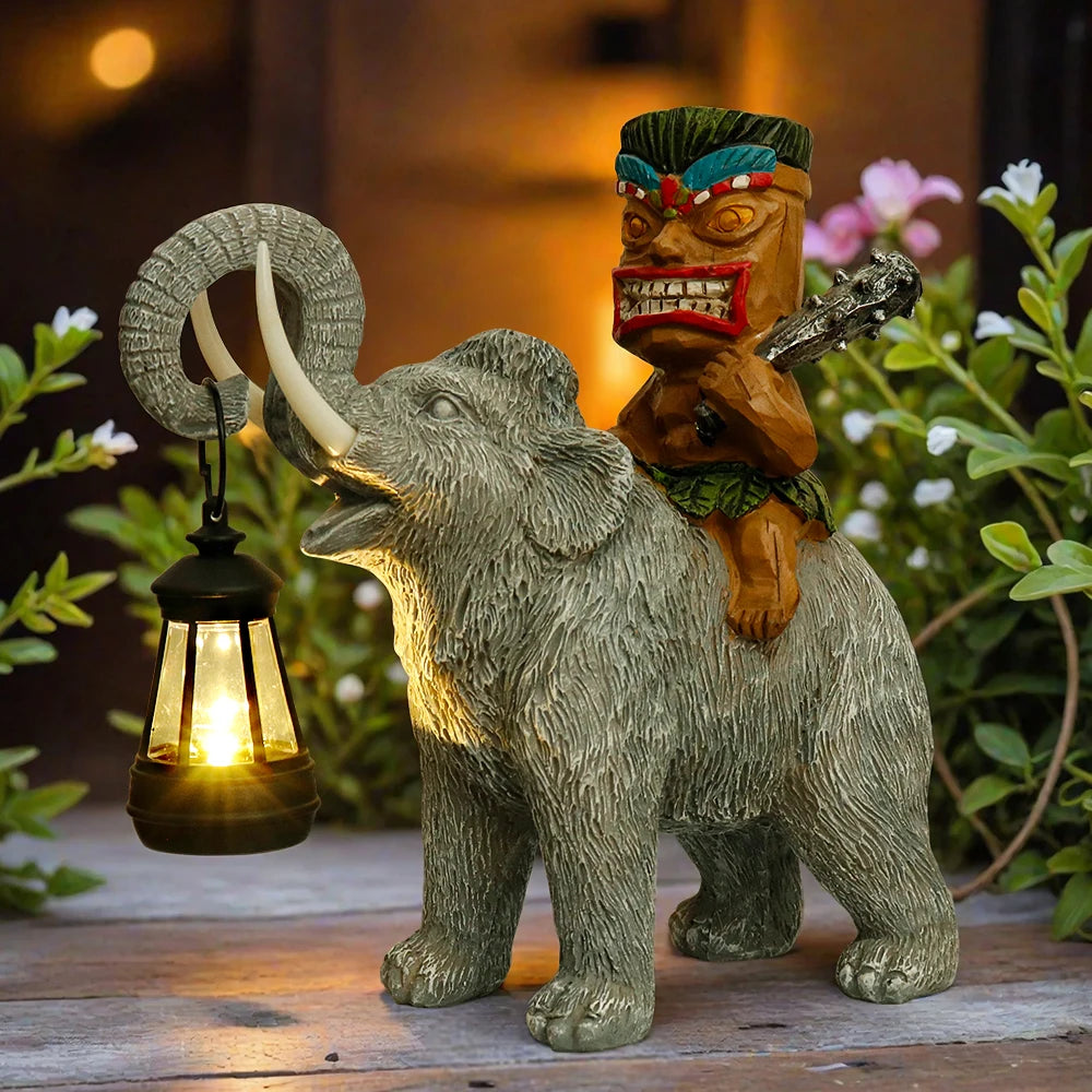 Tiki-Themed Resin Elephant Statue Lantern-Adorned Figurine Artful Garden Outdoor Display Home Decor Animal Flower Rabbit