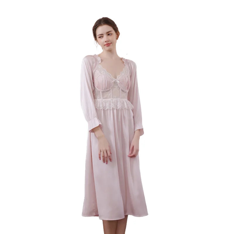 Elegant Nightgown with Soft Square Neck Long Sleeve Lace