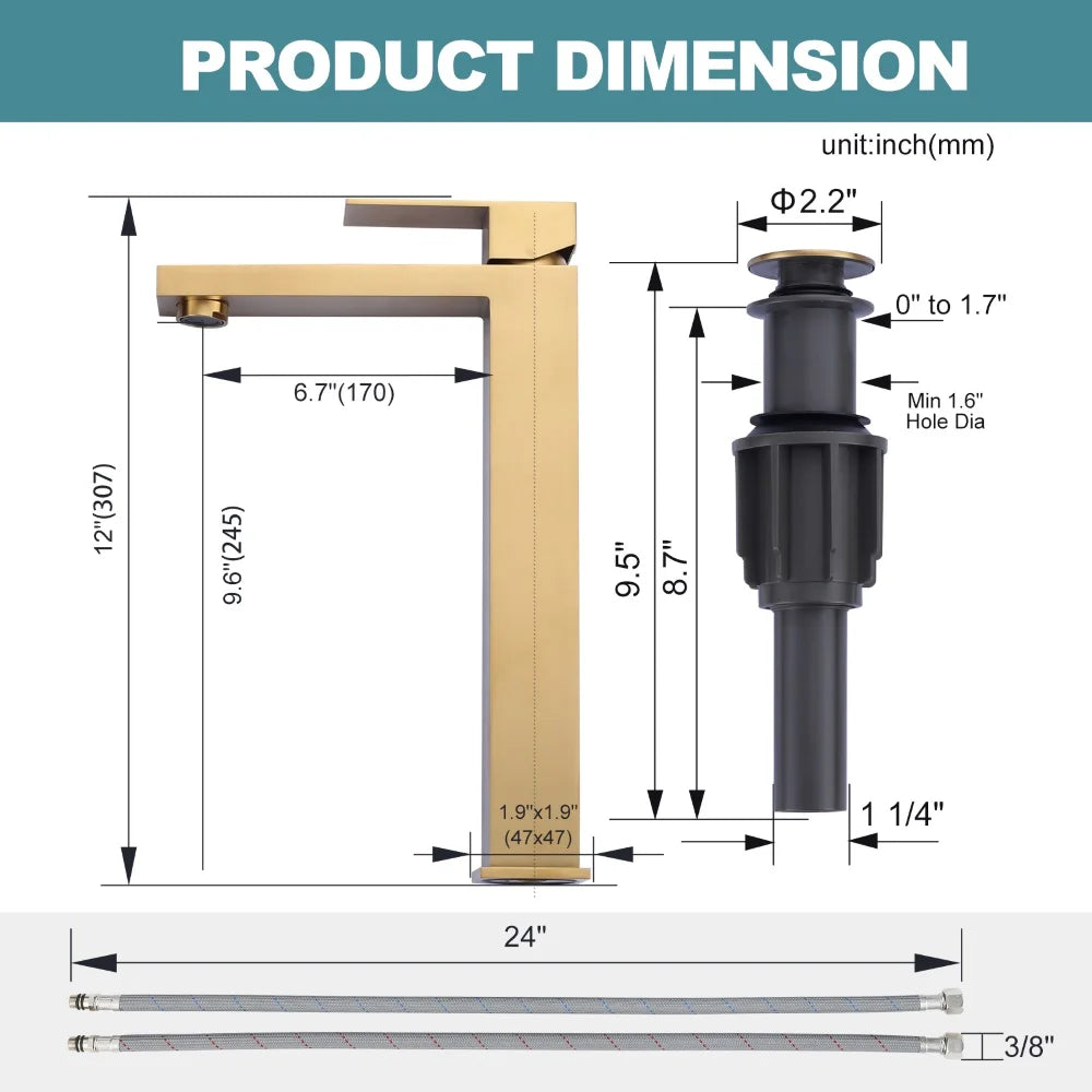 Modern Square Stainless Steel High Rise Washbasin Mixer Faucet Ceramic Brushed Gold Hot Sale Bathroom Basin Faucet