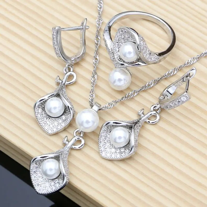 Elegant 925 Silver Pearl Wedding Jewelry Set