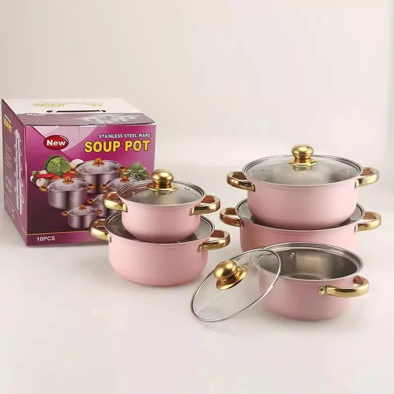 Bộ Nồi Chảo Inox Hồng Cổ Điển 10 Món Chống Dính
