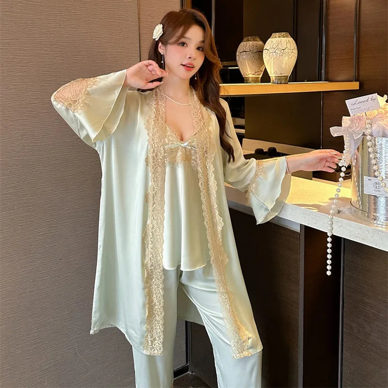 3-Piece Sexy Silk Pajamas Set for Women with Thin Straps