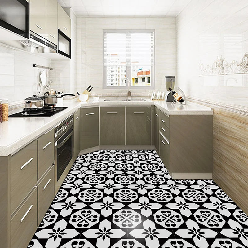 Classic European Black And White Tile Floor Stickers 3D Adhesive Kitchen Corridor Decoration Wallpaper Waterproof