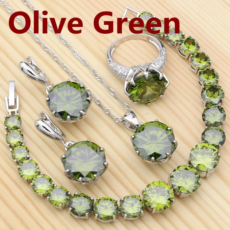 925 Silver Jewelry Set with Olive Green Stone for Women