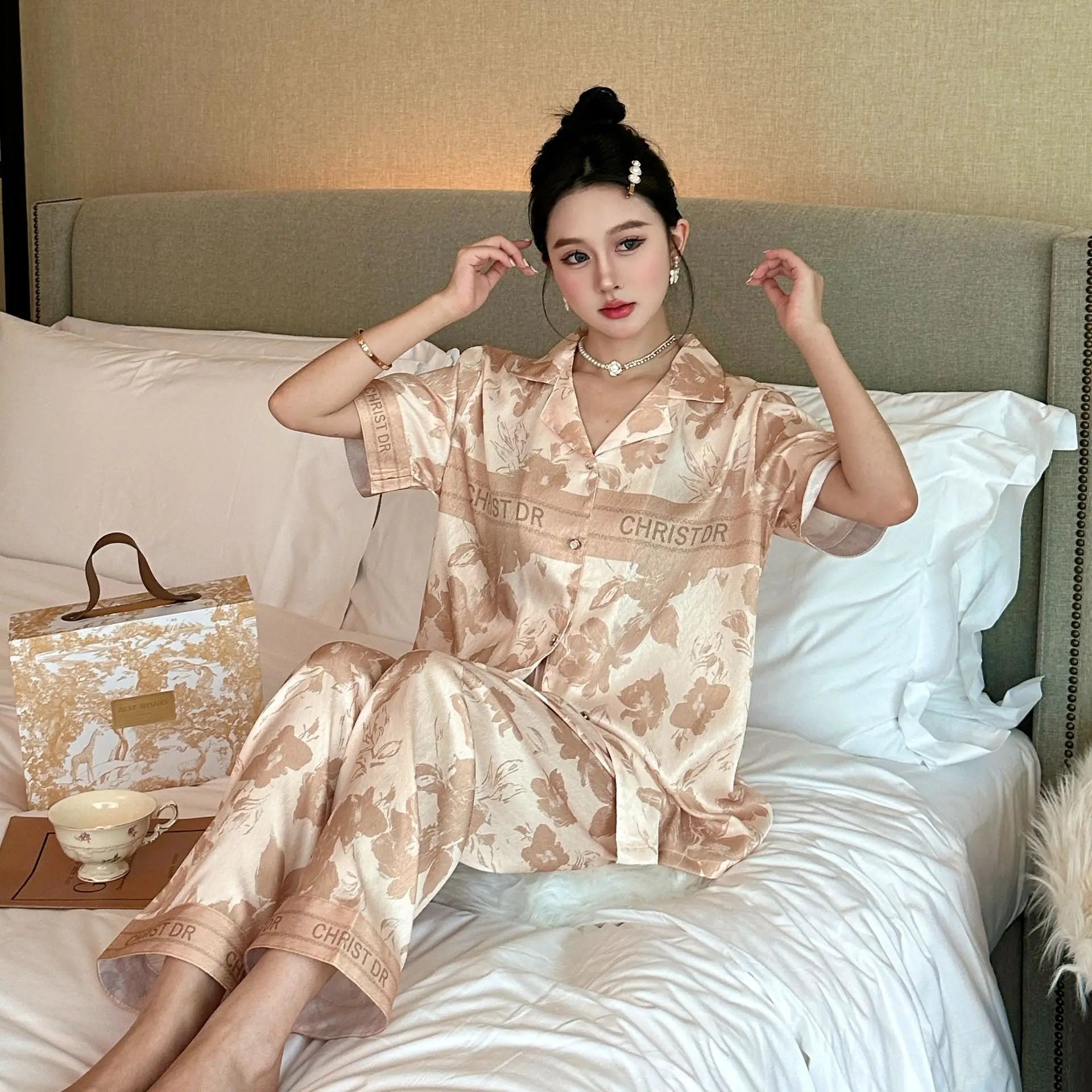 Sweet and Luxurious Floral 3-Piece Women's Silk Pajamas Set