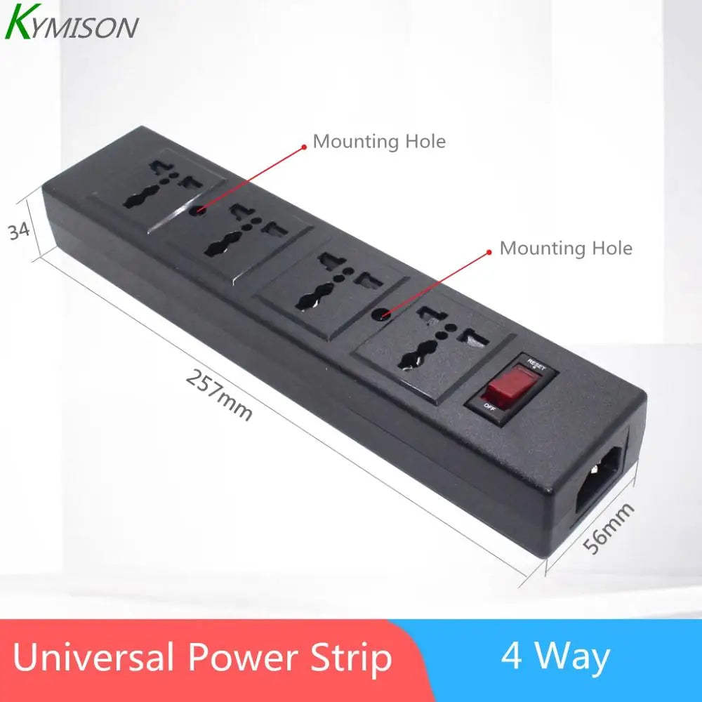 Ổ cắm điện đen 4 lỗ, có công tắc đỏ và lỗ gắn. Kích thước: 257x56x34 mm.