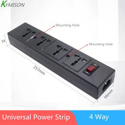 Ổ cắm điện đen 4 lỗ, có công tắc đỏ, kích thước 257x56x34mm, hai lỗ gắn treo.