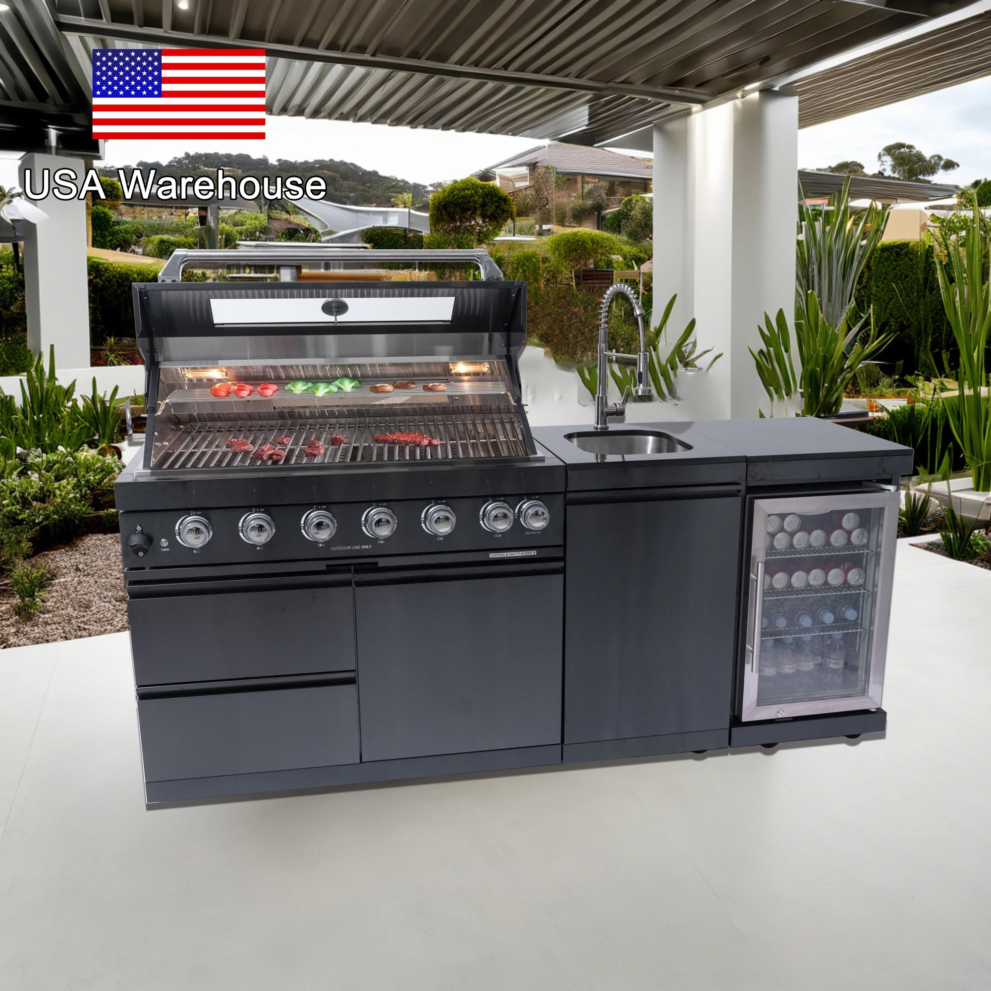 Black 304 Stainless Steel Outdoor Kitchen Cabinet with Grill &amp; Refrigerator