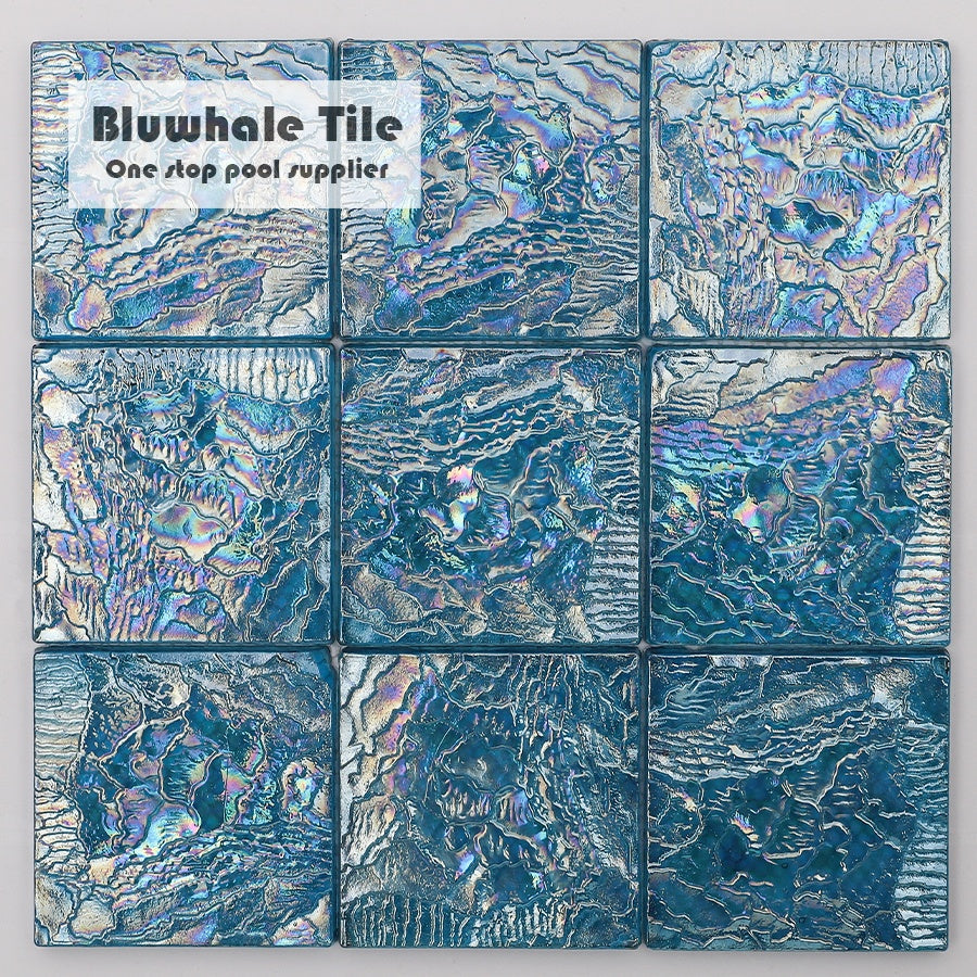 Bluwhale 97x97mm iridescent blue wavy pool glass mosaic tiles 