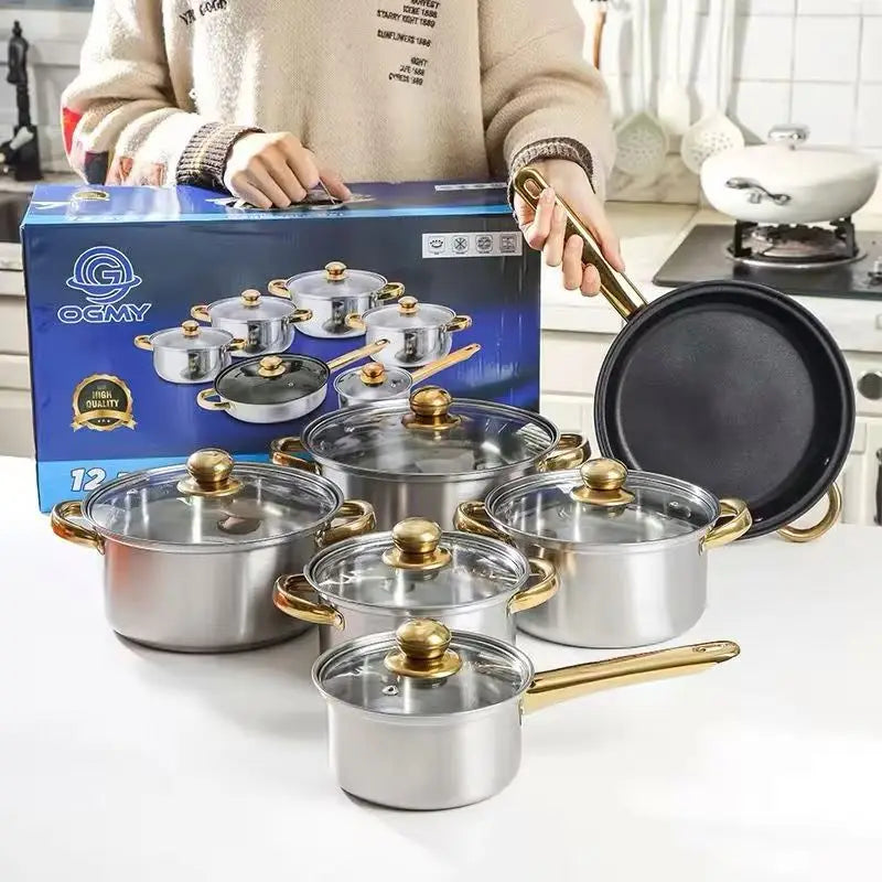 Bộ 12 Nồi Chảo Cam Inox Chống Dính Kèm Nắp