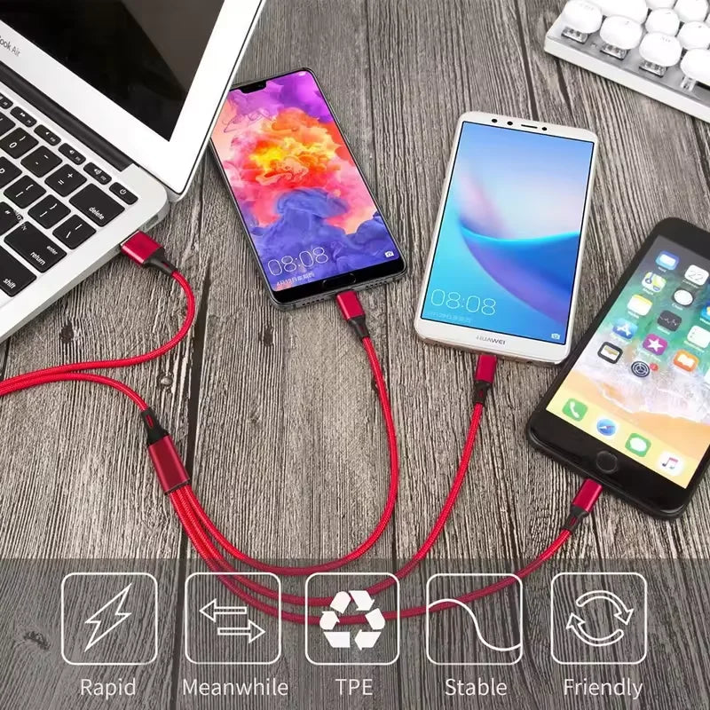3 in 1 Durable Nylon Multi-Function Charging Cable 1.2M