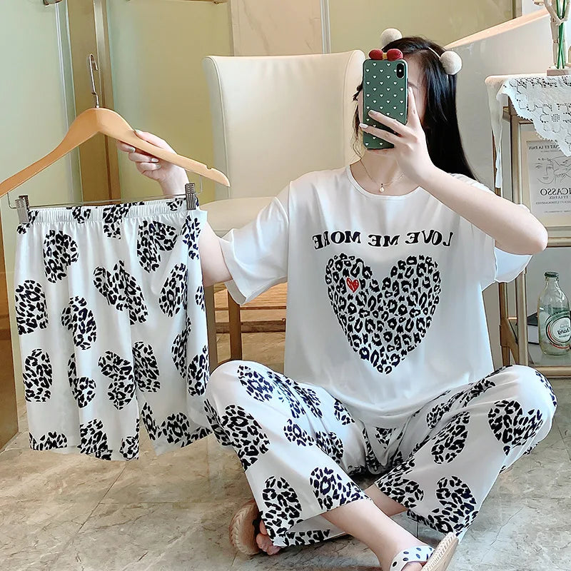 3-Piece Cool Silk Pajamas Set for Women with Cute Patterns